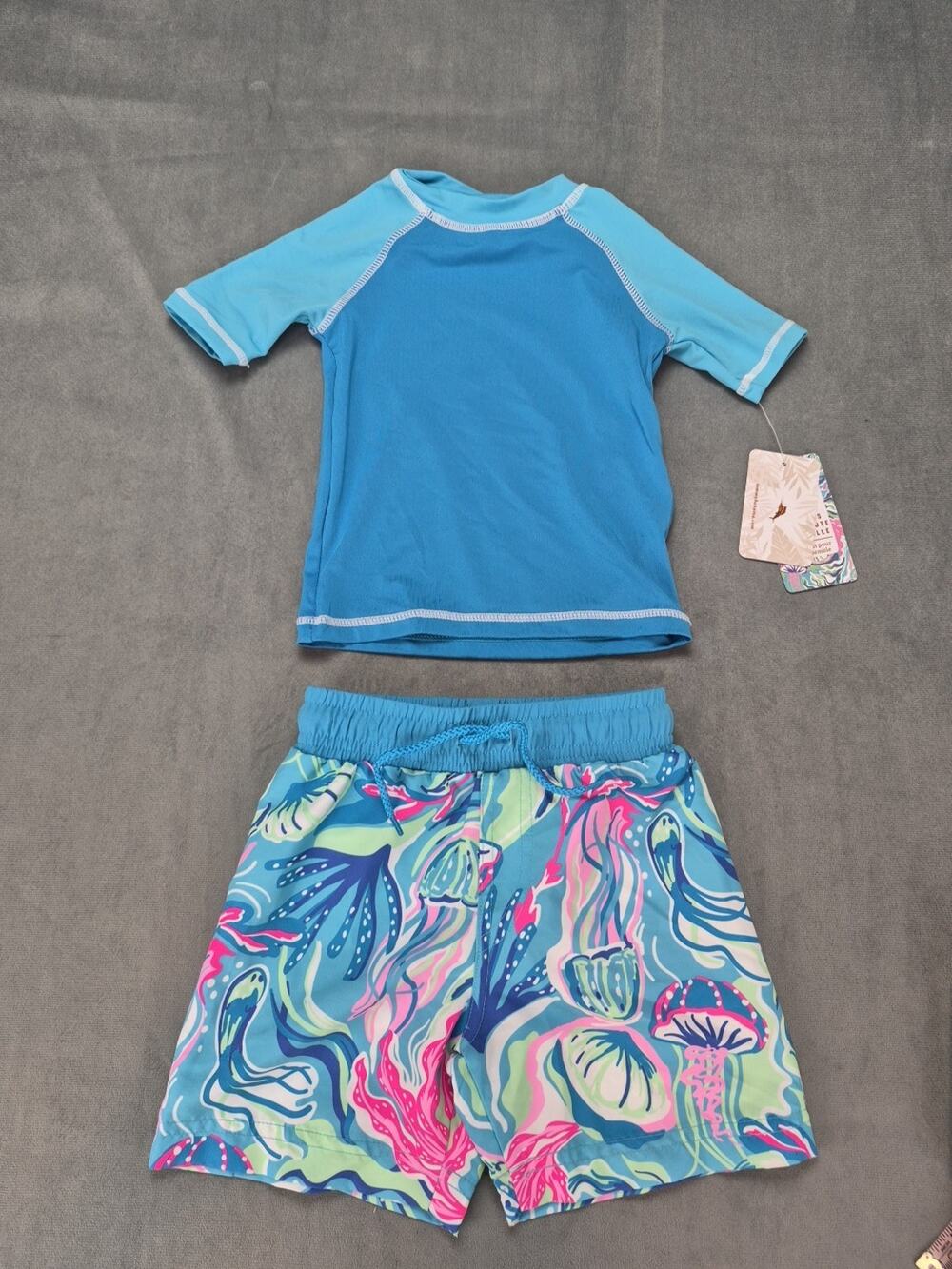 Tommy Bahama Rashguard Set Boys Swim Suit Blue 2pc Short Sleeve Swim Trunks 2T